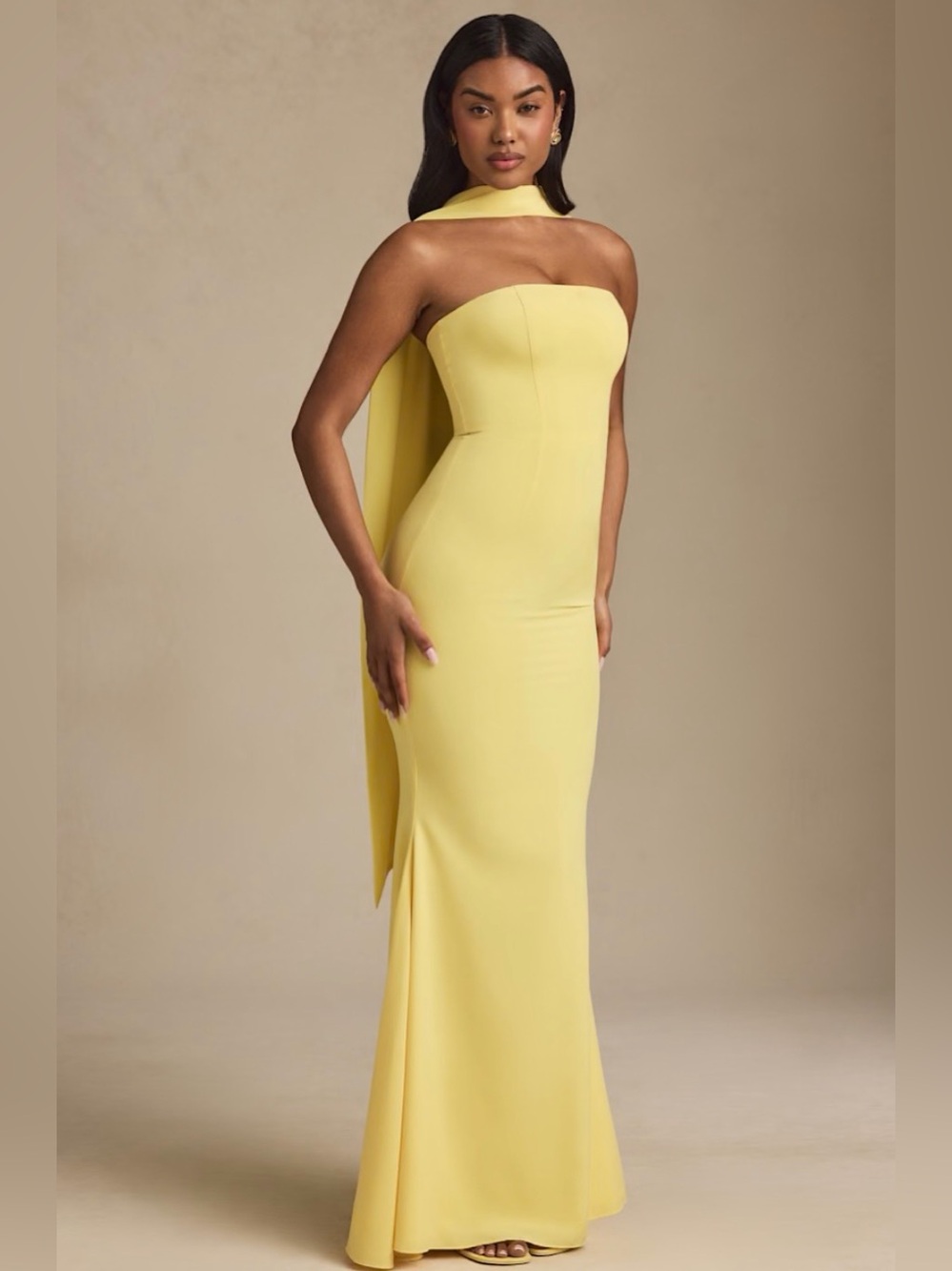 Oh Polly Imogene Scarf-Detail Strapless Gown in Pastel Yellow
